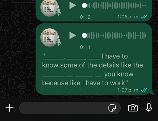 Example of a mistranscribed Spanish-English voice note